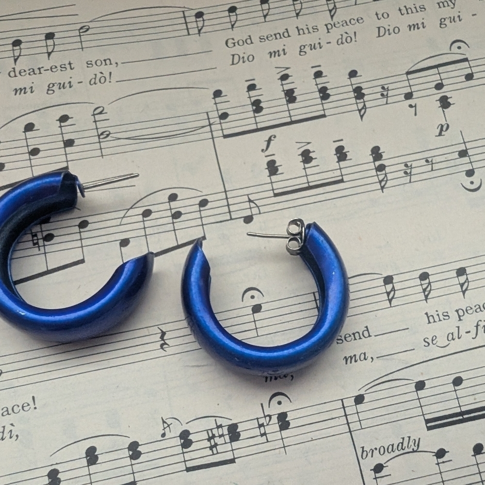 Metallic Blue Crescent Hoop Earrings - Picture 7 of 7
